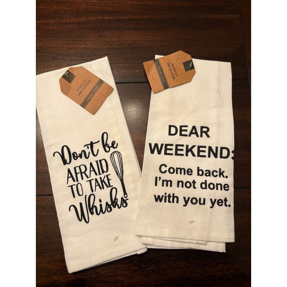 Cotton Kitchen Towels Set Of 2  White With Funny Quotes Moms Weekends